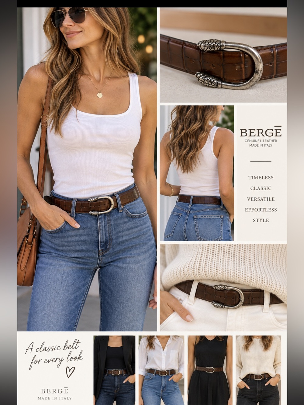 Bergé Brown Croc-Embossed genuine Leather Belt with Antique Silver Buckle. S